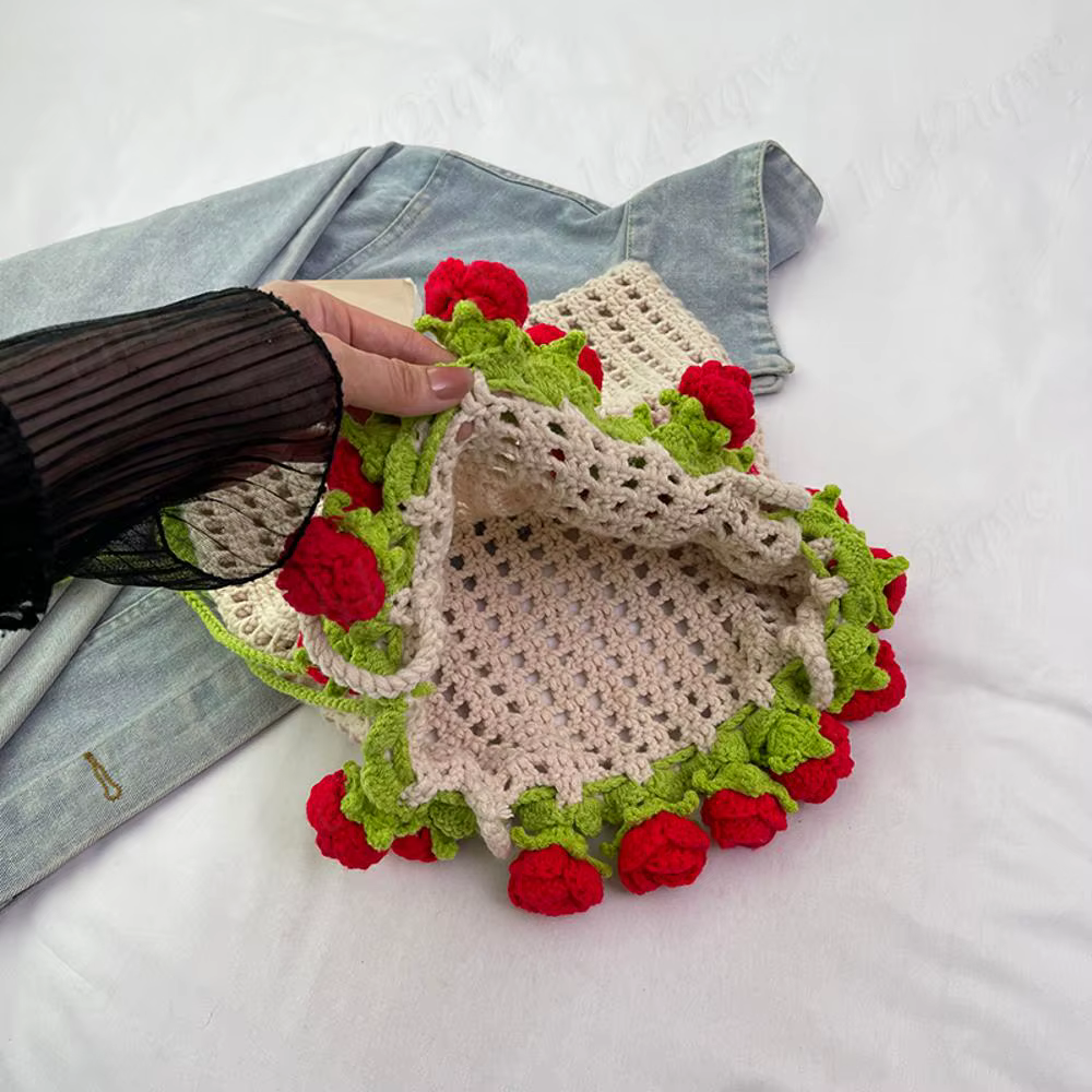 Rose Crochet sac à main 2025 printemps mignon tricoté sac à bandoulière romantique concepteur Floral évidé dames sac