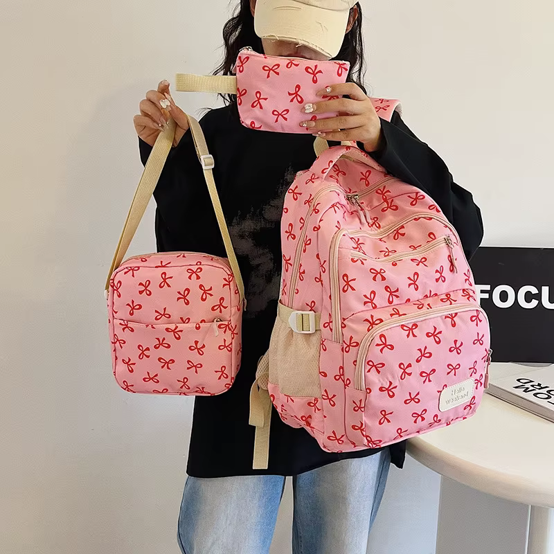 3 pièces/ensemble mignon fille grande capacité sac à dos nœud imprimé Nylon cartable sangle réglable femmes quotidien Campus sac à dos