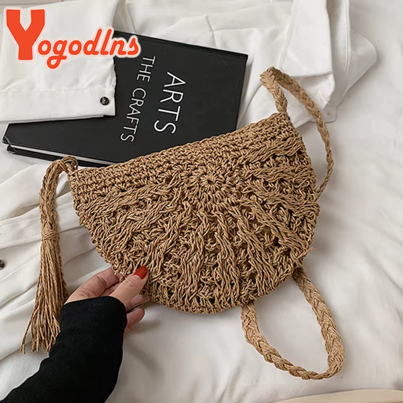 Yogodlns nouveaux sacs de paille demi-ronds pour les femmes été plage sac en rotin tissé à la main demi-lune