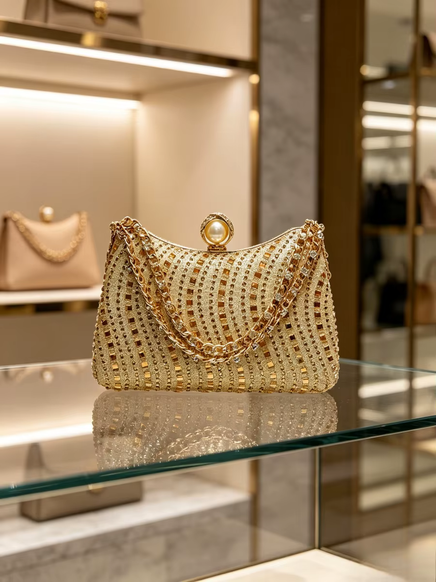 Pochette de soirée de luxe en strass dorés avec fermoir perlé et chaîne