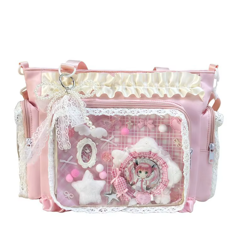 Sac fourre-tout Ita japonais Kawaii rose en dentelle à volants avec plaque de base et fenêtre transparente
