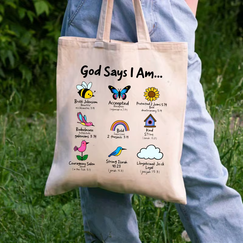 Sac fourre-tout en toile blanche avec versets bibliques inspirants et éléments naturels et texte colorés