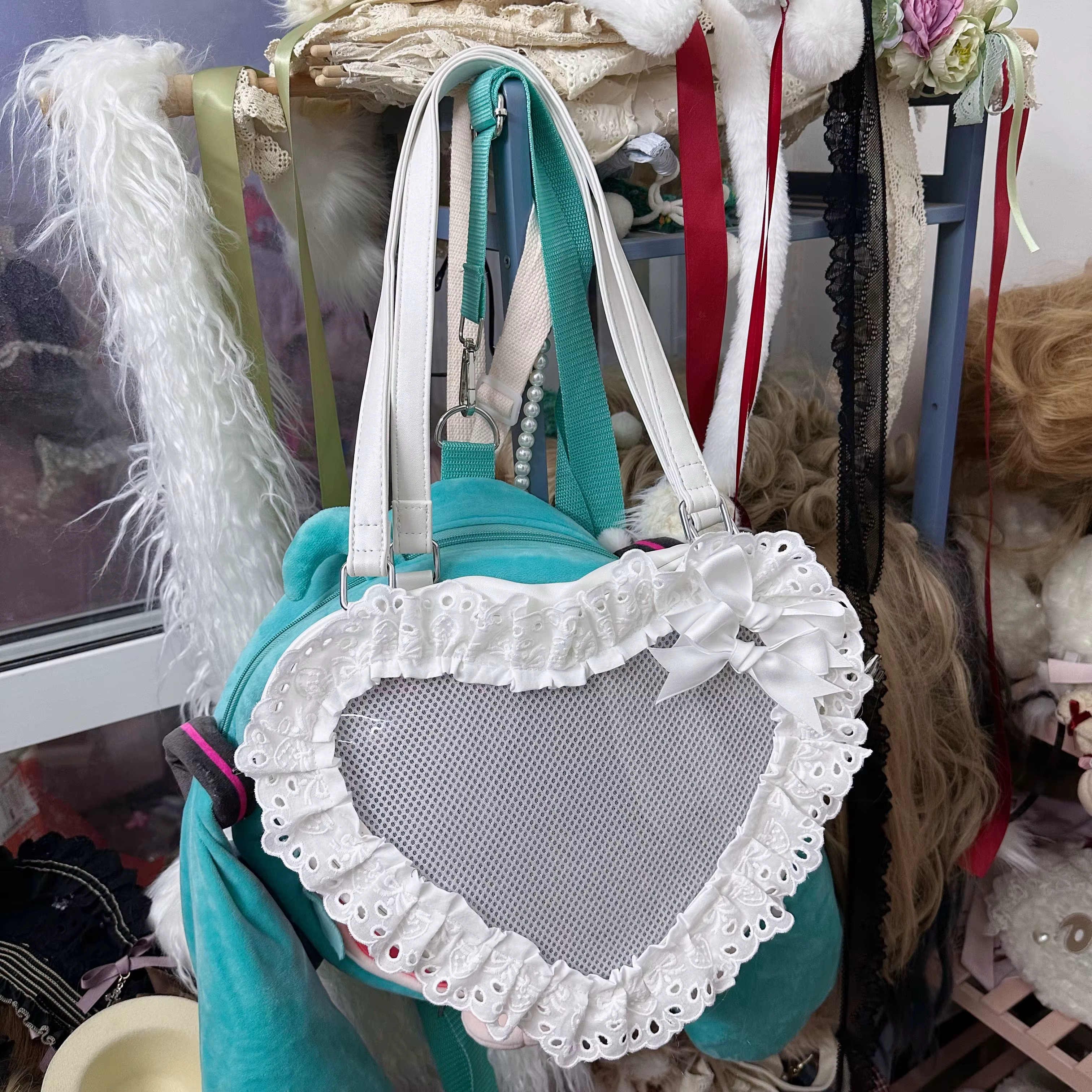 Lolita fait à la main amour coeur dentelle fleur mignon sac à bandoulière douce fille étudiants arc fourre-tout sacs