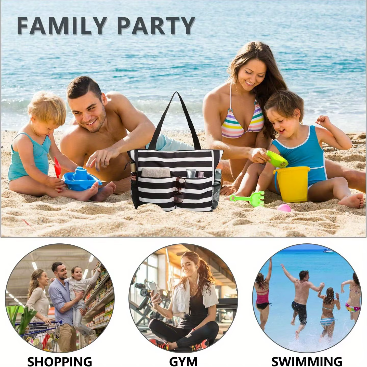 Grand sac de plage imperméable pour femmes avec fermeture à glissière