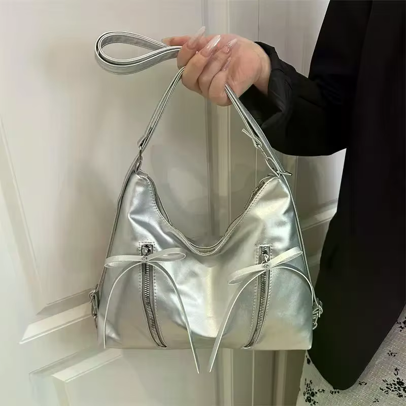 Sac fourre-tout rétro en cuir souple grande capacité avec nœud – Sac à bandoulière décontracté tendance pour femme