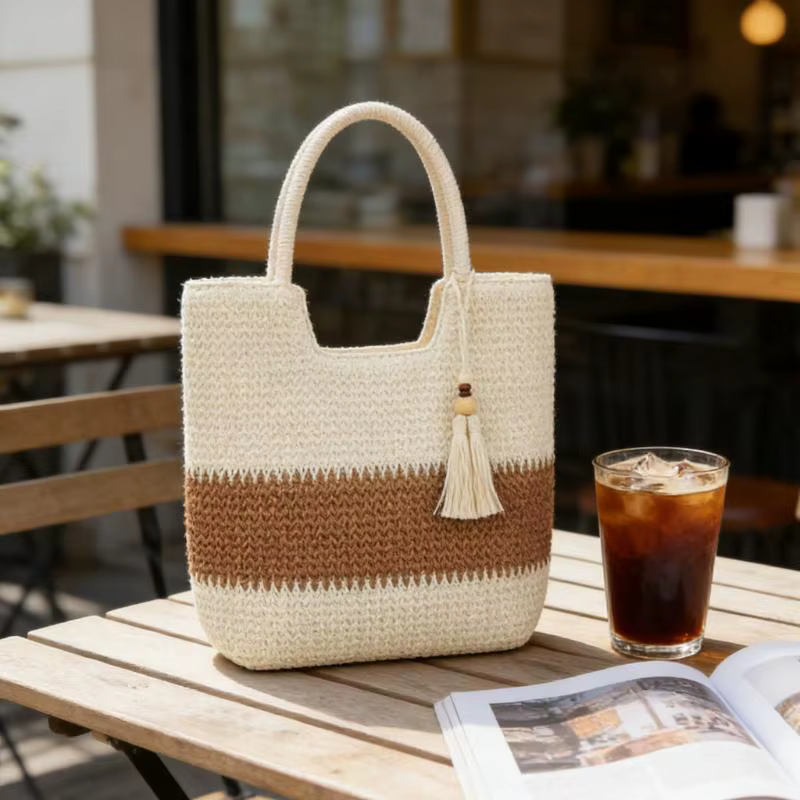 Sac fourre-tout tissé à la main en paille avec pompons