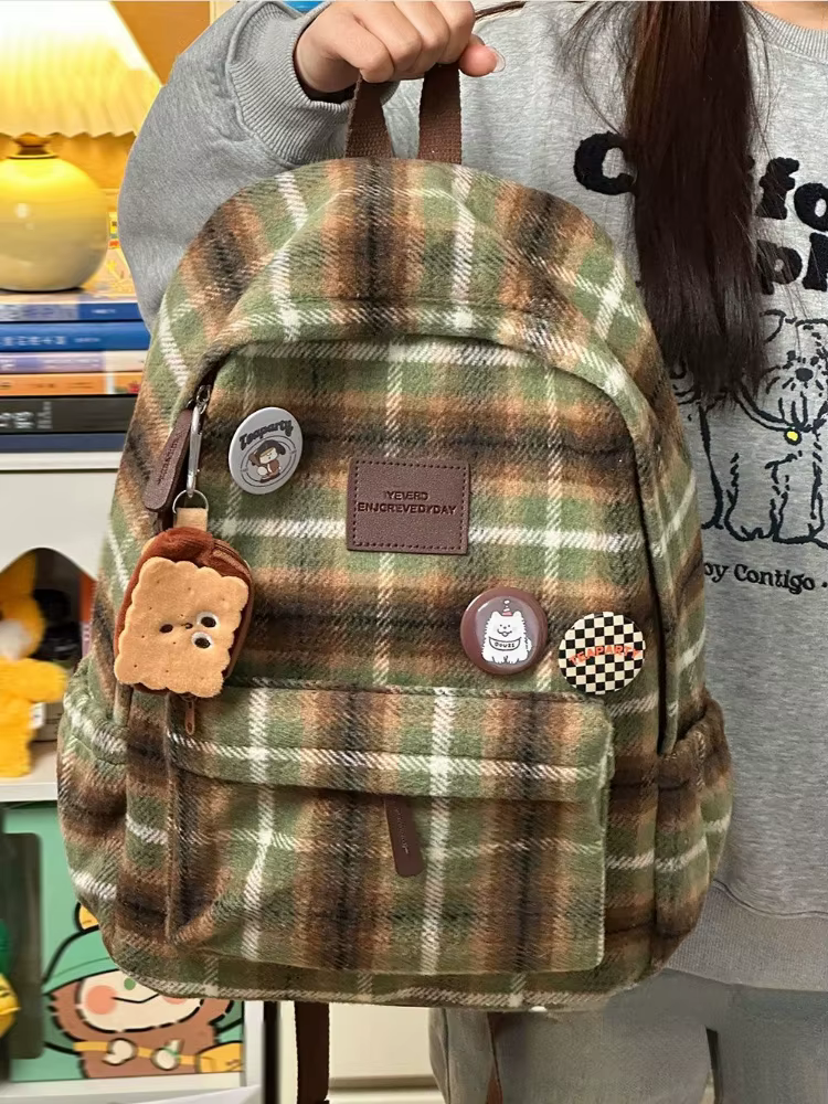 Sac à dos à carreaux vintage pour femmes, sac à dos grande capacité, mode douce, Ulzzang imprimés Girls, extérieur, décontracté, Bergame, automne, hiver