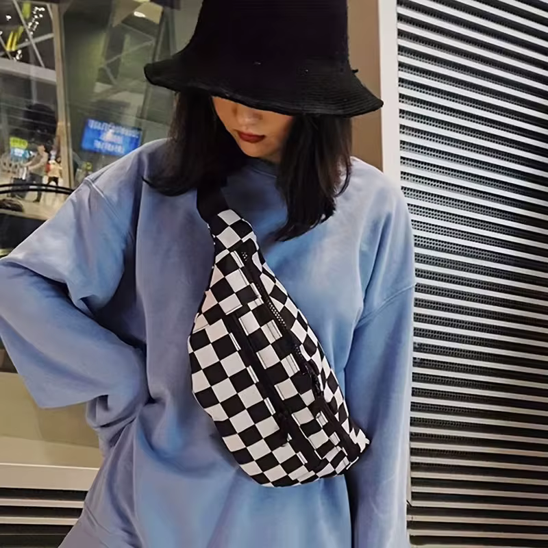 Sac de taille à carreaux noir et blanc pour femme avec poche poitrine à double fermeture éclair