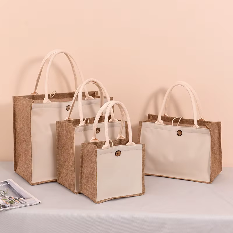 Sac fourre-tout en toile de jute avec bouton pour femme
