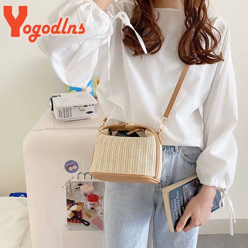 Yogodlns été petit sac à main en paille sac à bandoulière tendance tissé seau sac