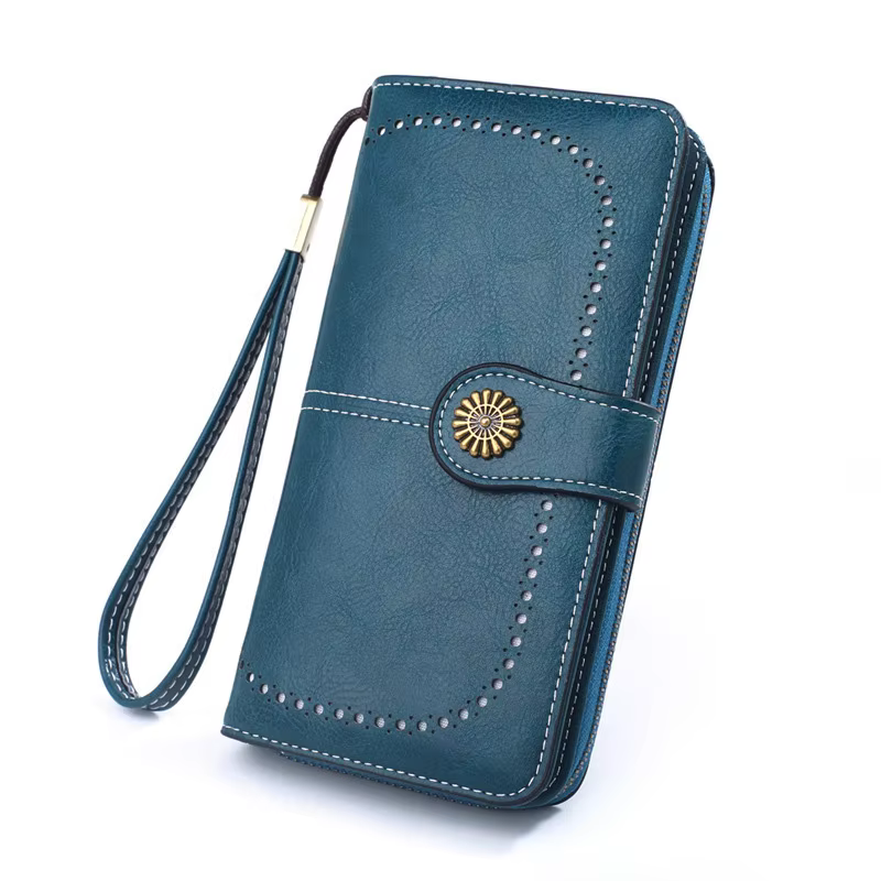 Pochette portefeuille longue en cuir PU perforé Vintage