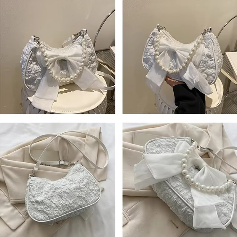Sac à main plissé blanc en perles pour femmes