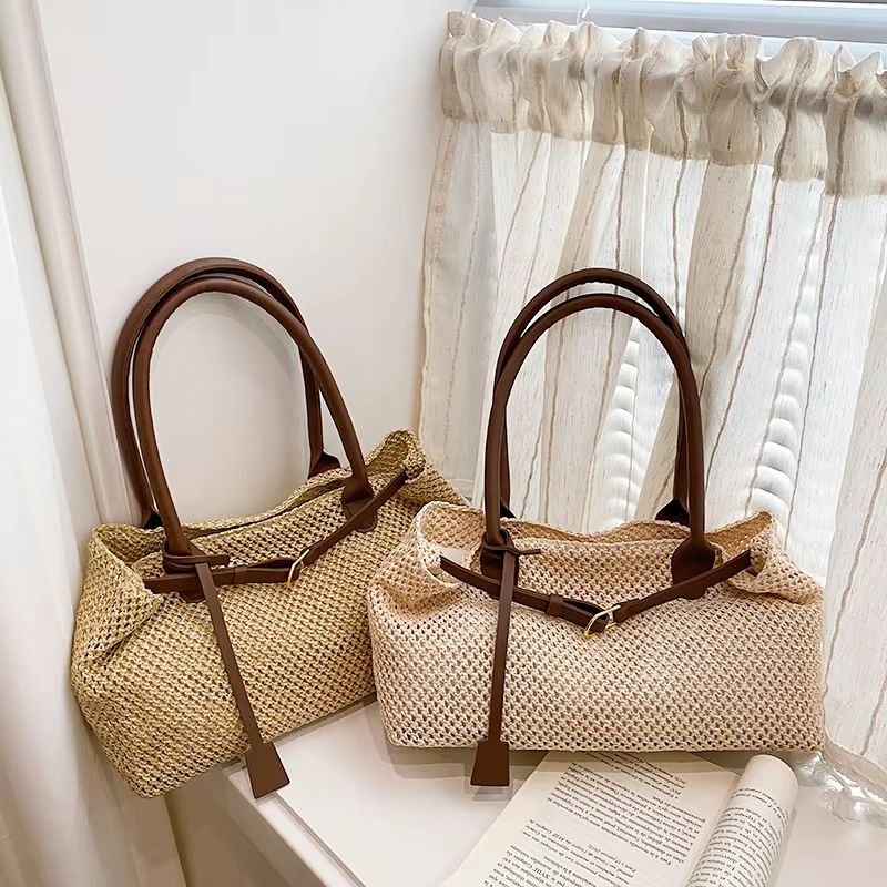 Sac à bandoulière en paille tressée décontracté pour femme, léger et élégant, avec boucle métallique, sac de voyage, de sortie ou de shopping