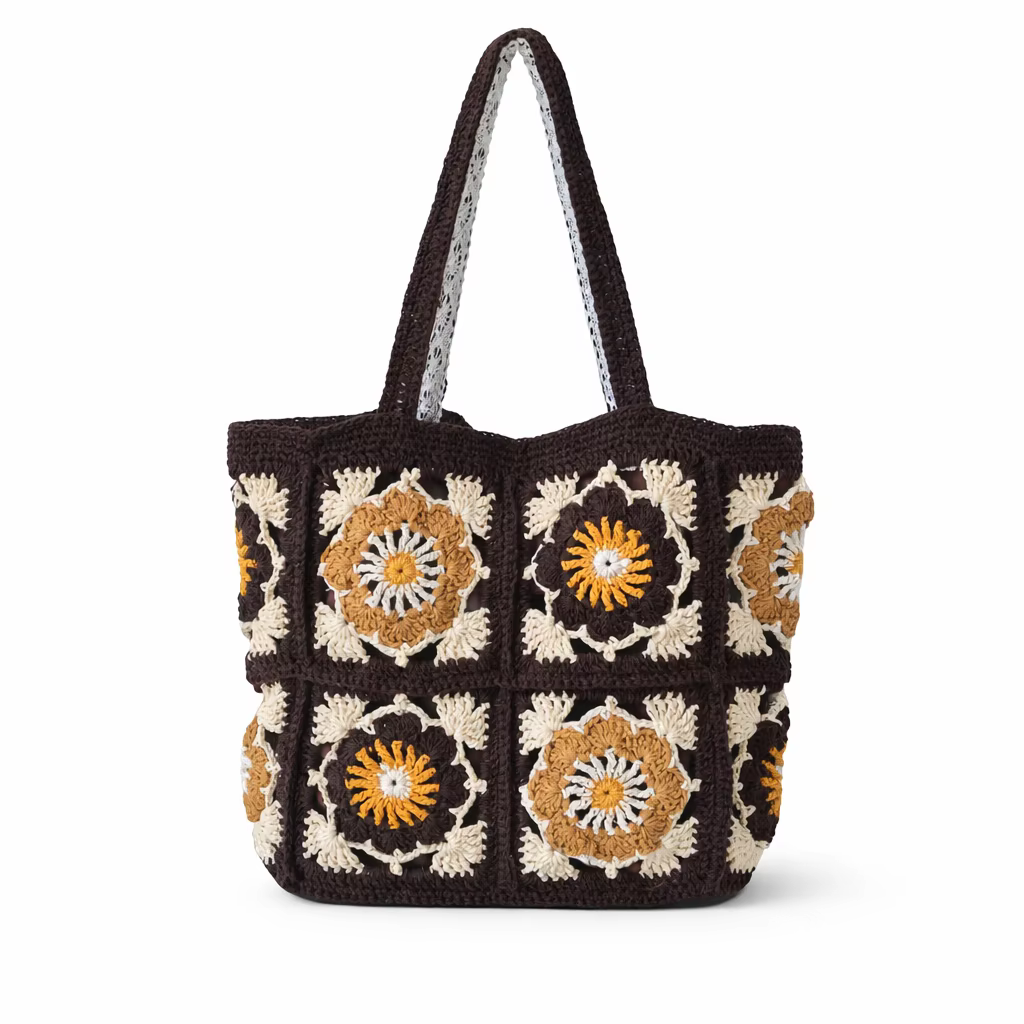 Fil fait à la main Crochet sac à bandoulière Vintage grand-mère carré fourre-tout rétro tricoté fleur motif sac grande capacité Boho décontracté femmes