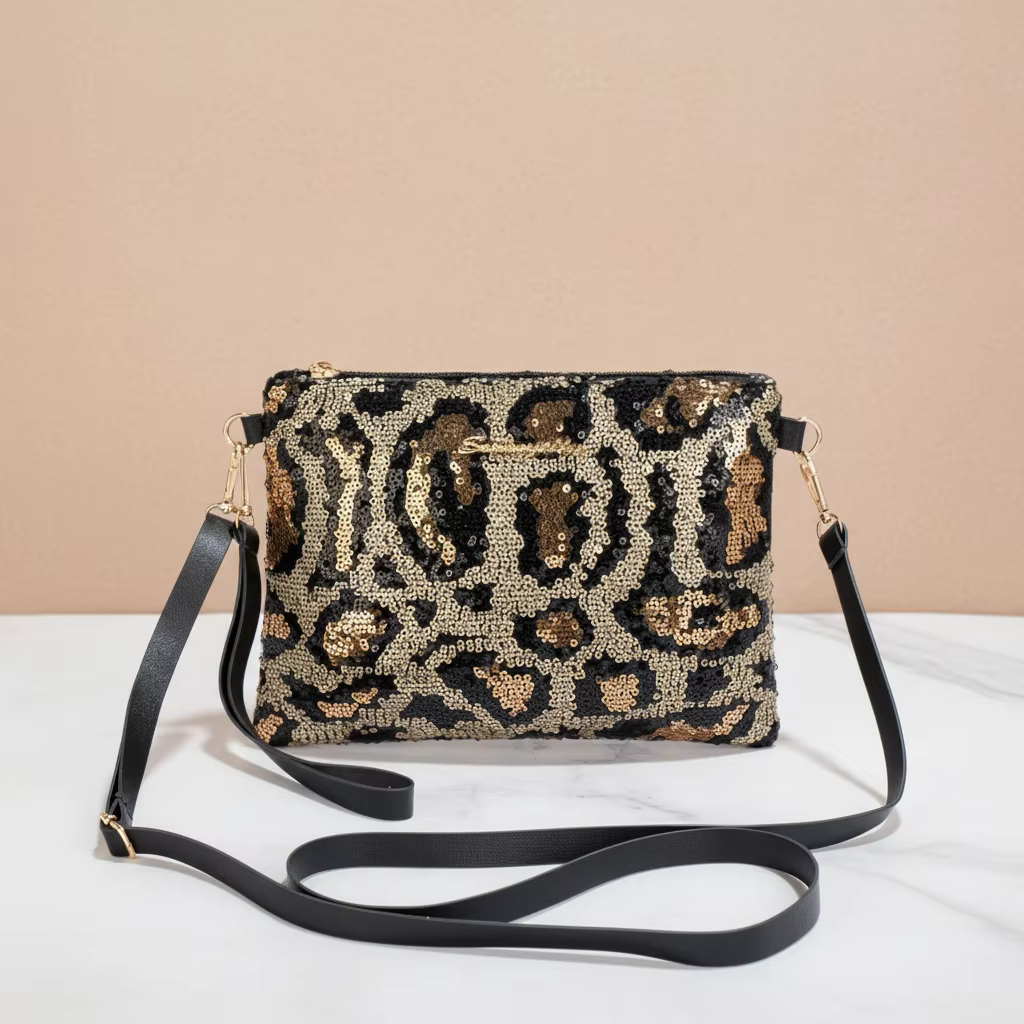 Sac à bandoulière pour femme avec broderie de sequins et imprimé léopard