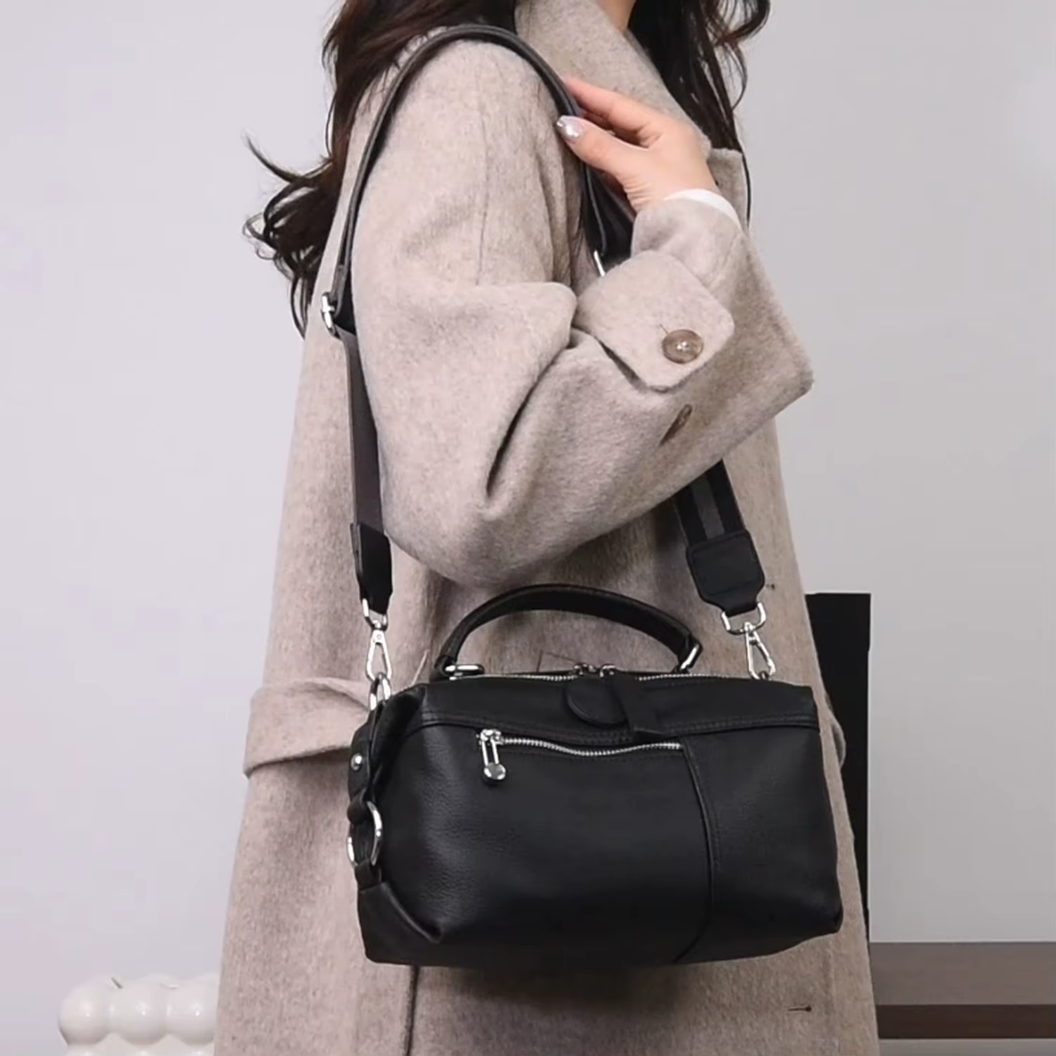 Sac Boston en cuir véritable noir