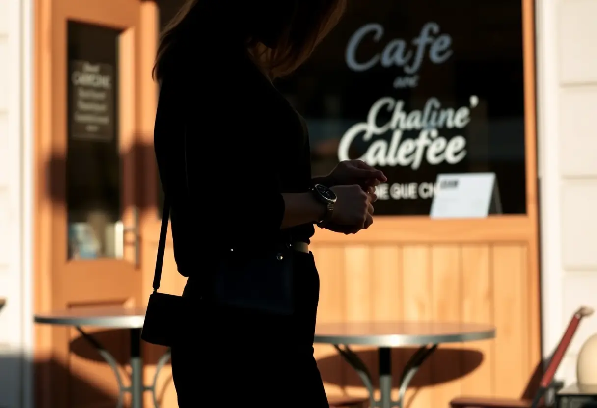 Un profil de femme se tenant devant un café, tenant un petit sac à la main et regardant sa montre