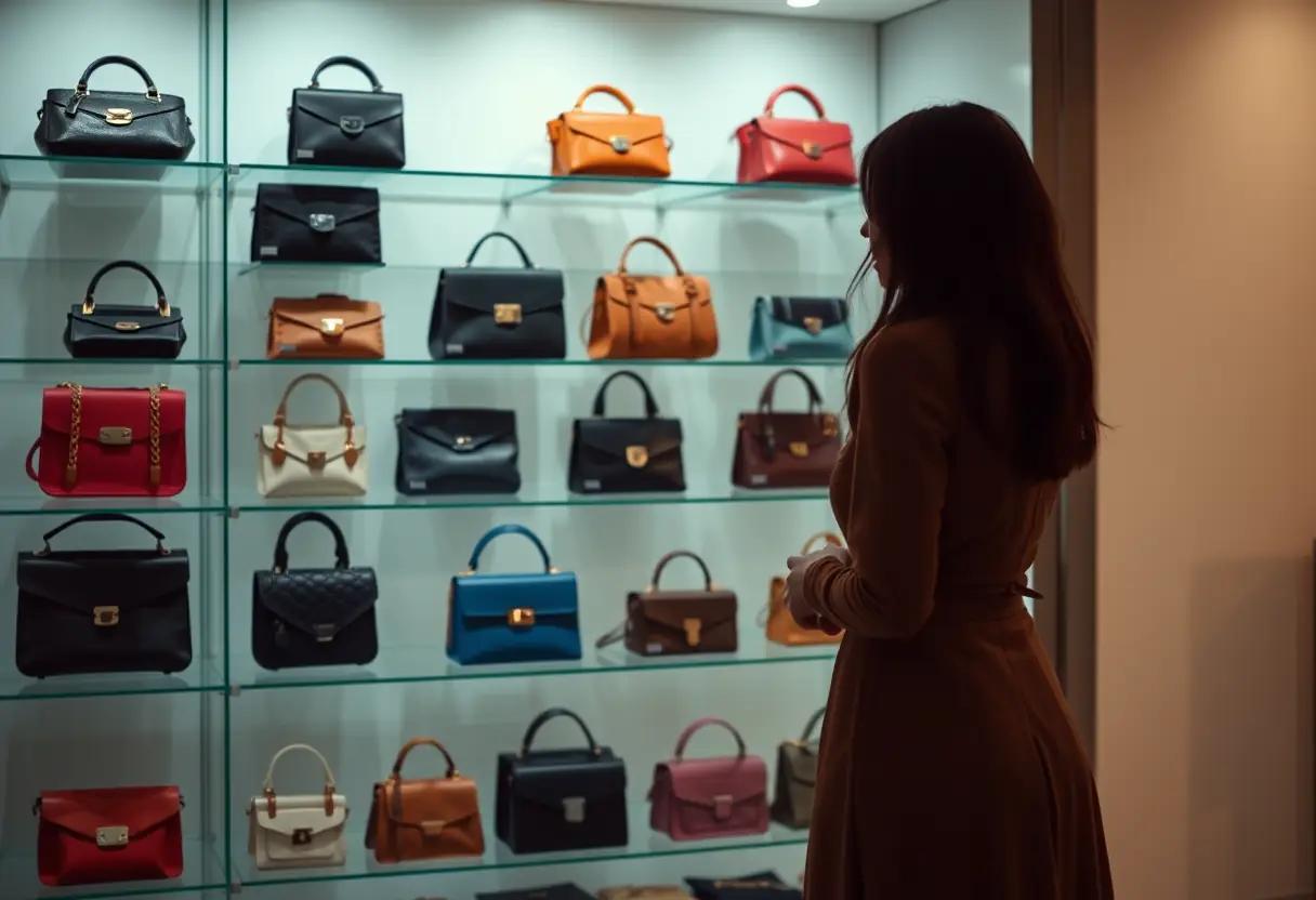 Une femme devant une vitrine de petits sacs à main
