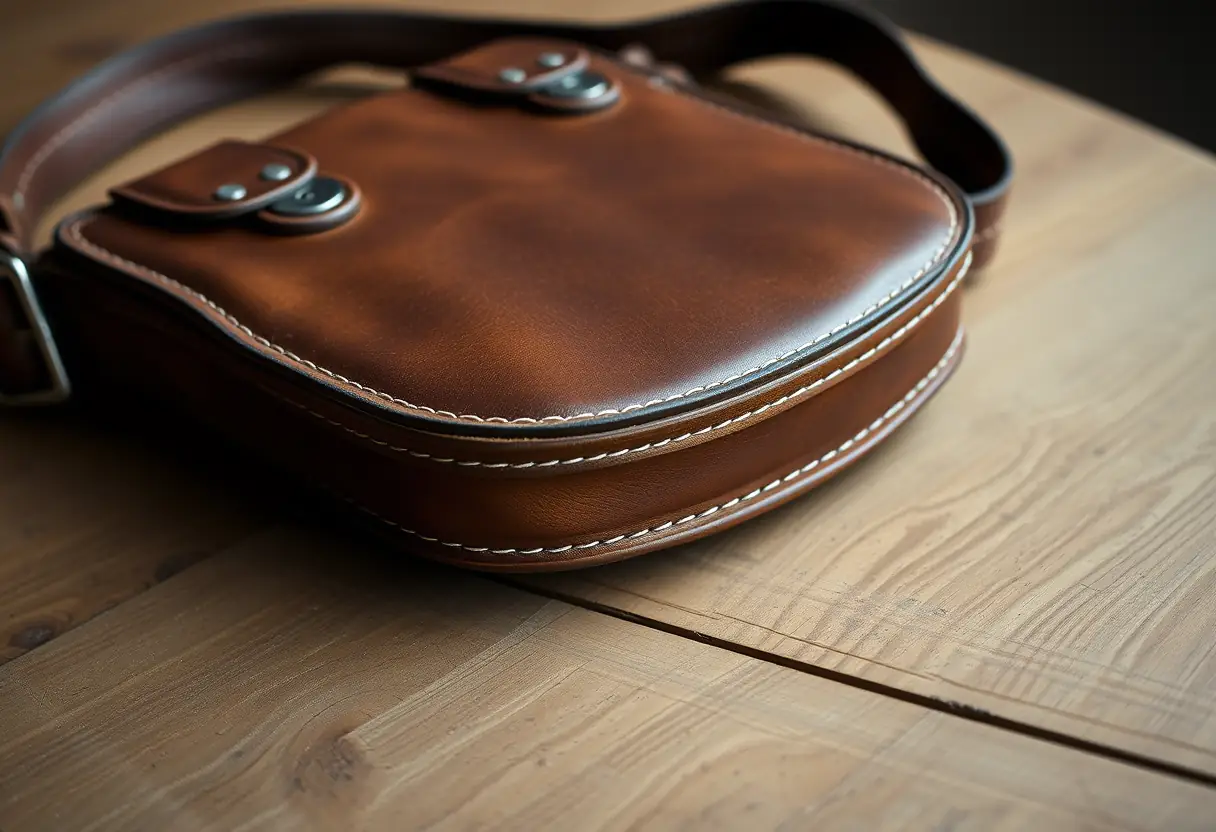 Un sac à bandoulière en cuir reposant sur une table en bois