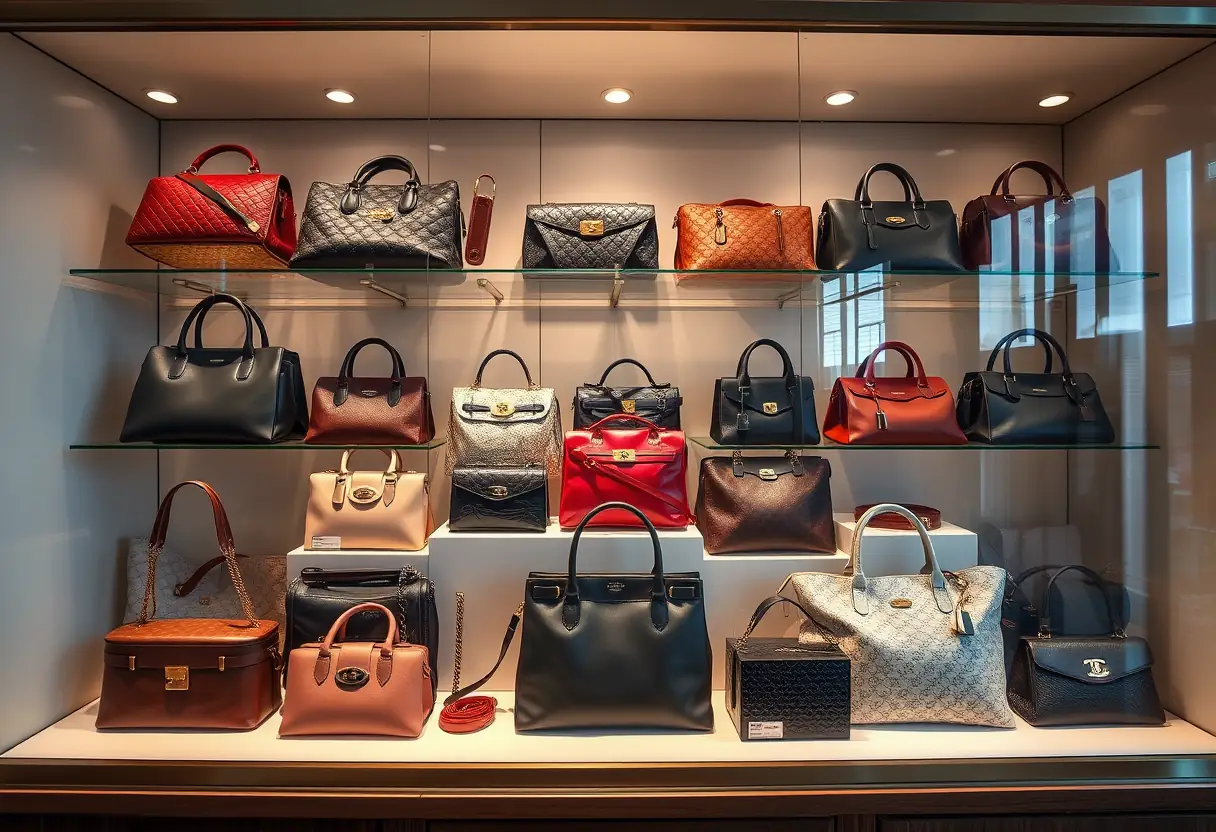 Un vitrine présentant divers sacs de luxe dans une boutique
