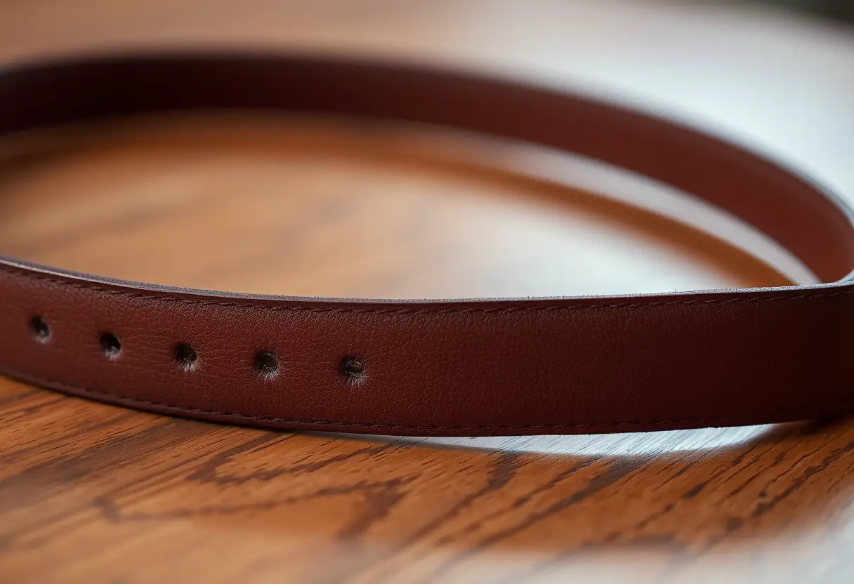 Ceinture en cuir brun posée sur une table en bois dans une lumière douce