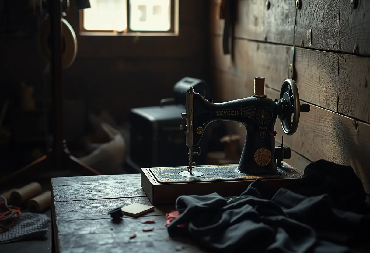 Une machine à coudre ancienne inoccupée dans un grenier sombre, entourée de bobines de fil et de morceaux de tissu