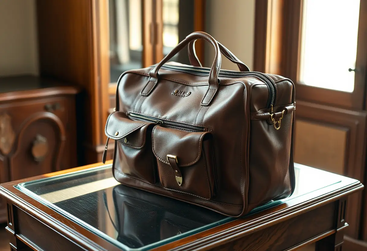 Un sac cabas en cuir avec plusieurs compartiments posé sur un bureau ancien