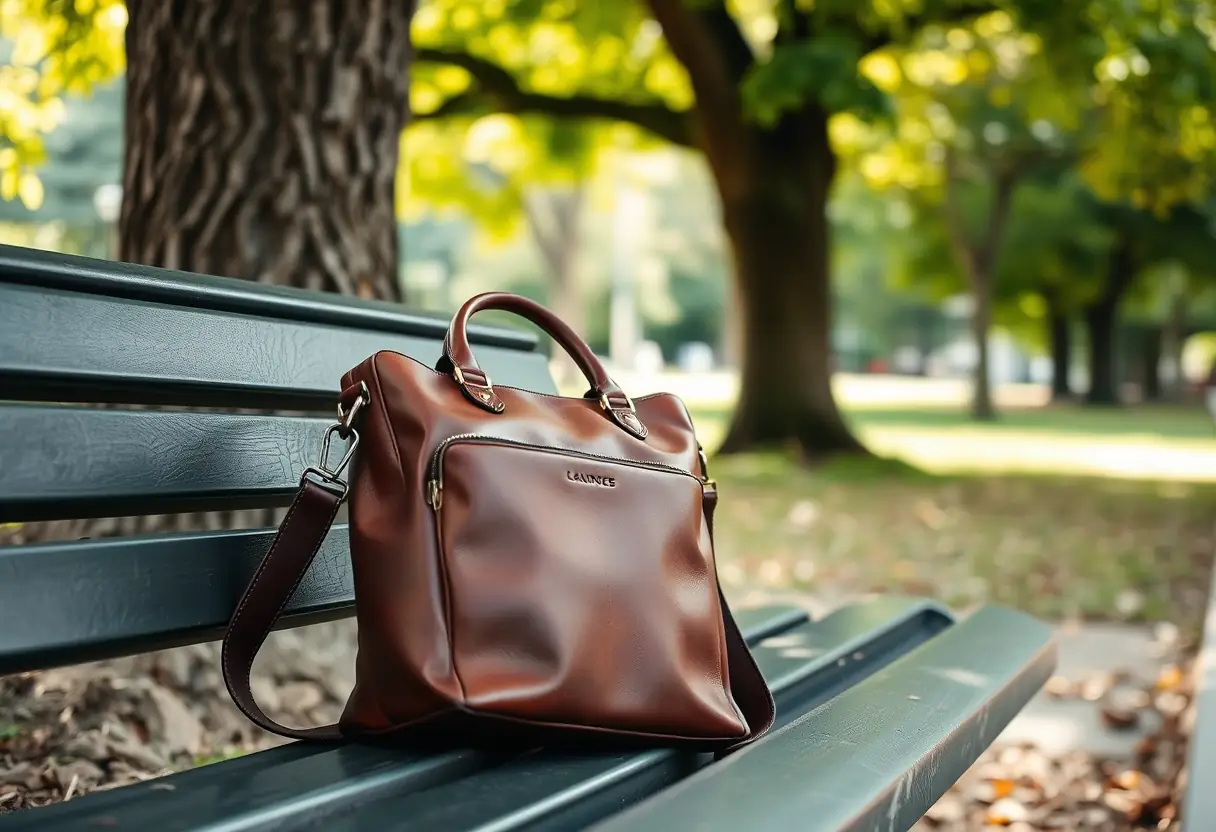 Sac cuir posé sur un banc, design ergonomique