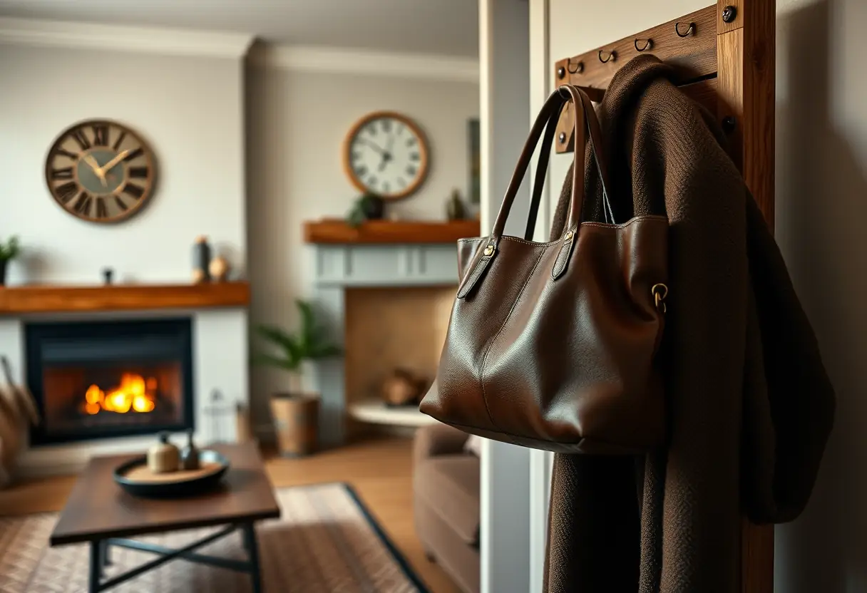 Sac à main en cuir accroché à une patère dans un salon chaleureux