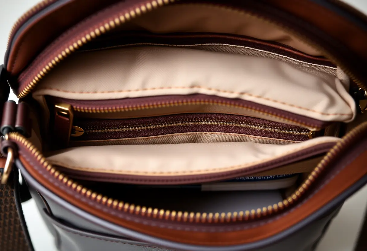 Vue rapprochée de l'intérieur d'un sac bandoulière en cuir compact, montrant les compartiments zippés bien organisés