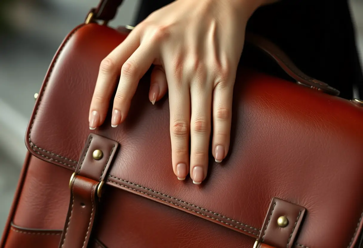 Main féminine caressant délicatement un sac en cuir avec patine
