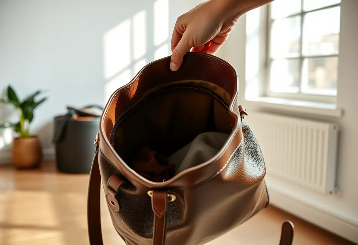 Un sac seau en cuir éclairé naturellement