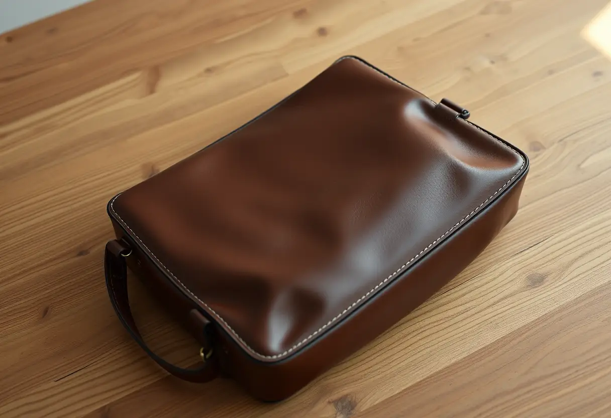 Un sac en cuir végétal posé sur une table en bois, design moderne et solide