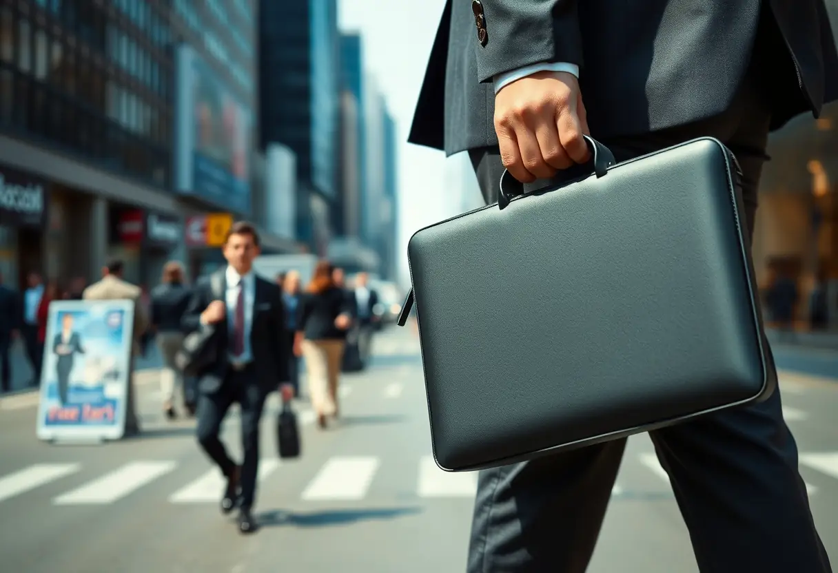 Une rue animée où un professionnel tient un sac à main compact pour ordinateur portable, contrastant avec l'agitation de la ville
